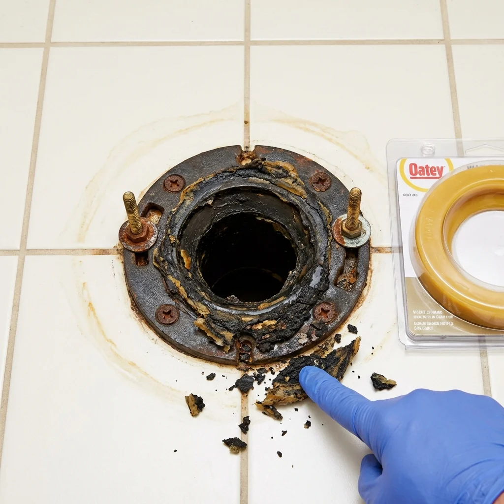 Failed wax ring showing water seepage at the base of a toilet in a Lyons, NY home